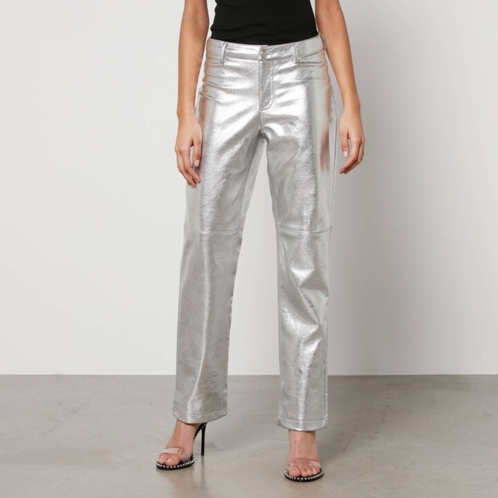 H&M Silver Metallic Faux Leather Straight Leg 5 Pockets Trousers